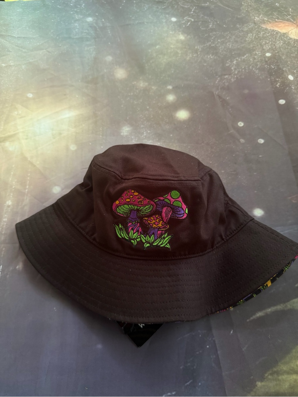 Dolls Kill reversible Black Bucket Hat with Neon Mushroom Embroidery